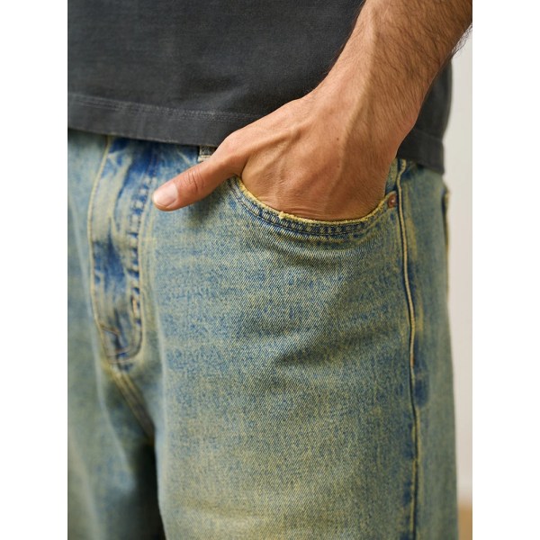2023 Sommar Nya lösa vintage jeansshorts Herr Retro 100 % bomull Jeans Korta Plus Size Märkeskläder Washed Muddy Yellow 33 REC 78-82.5KG