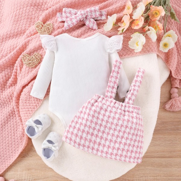 3st Baby Girl Sweet Grid/Houndstooth Ruffle Edge Dress Set Pink 9-12Months