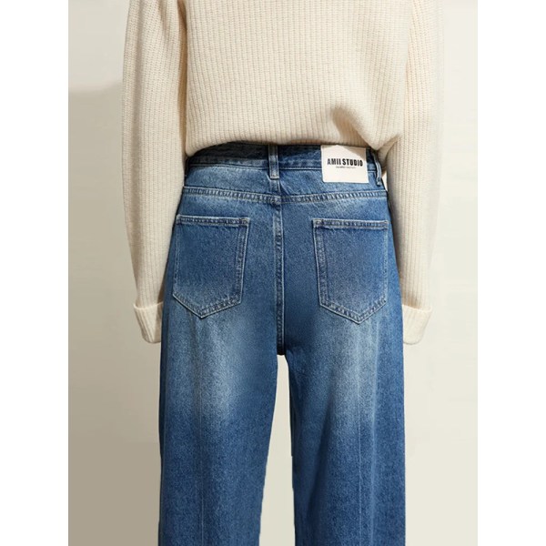 Hong Kong Style Jeans med vida ben för kvinnor 2023 Höst Ny Vintage Casual Lös bomull veckade raka byxor Byxa 72323005 Denim Blue M