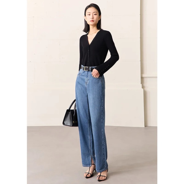 Minimalism Jeans för kvinnor 2023 Sommar Nya Casual Raka jeansbyxor Mode Blå Split Kvinna Långa Pantalones 12341217 blue L