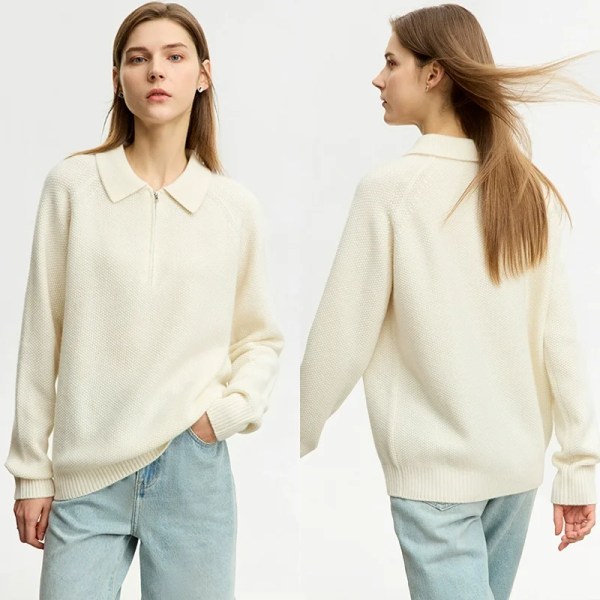 Minimalistisk stickad ylletröja Dam 2023 Vinter Ny Lös nedfällbar krage Dragkedja Halv Solid Cardigan Dam 12354042 milk white L