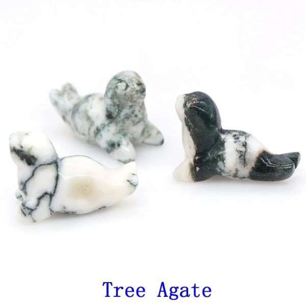 40mm Sea Lion Figurer Naturstenar Havsdjur Staty Healing Kristall Kvarts snidade figurer Rumsdekorationer Barngåva Tree Agate 10 PCS