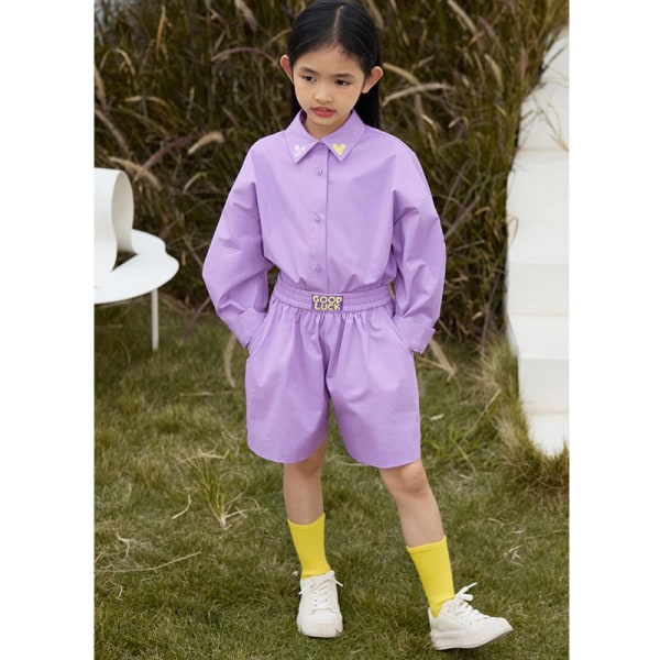Barnkläder Flickuppsättningar Blus Vår 4-6 år långärmad lös bokstav Skjortor i koreansk stil Casual Toppar Shorts Byxor 22341019 purple 155cm