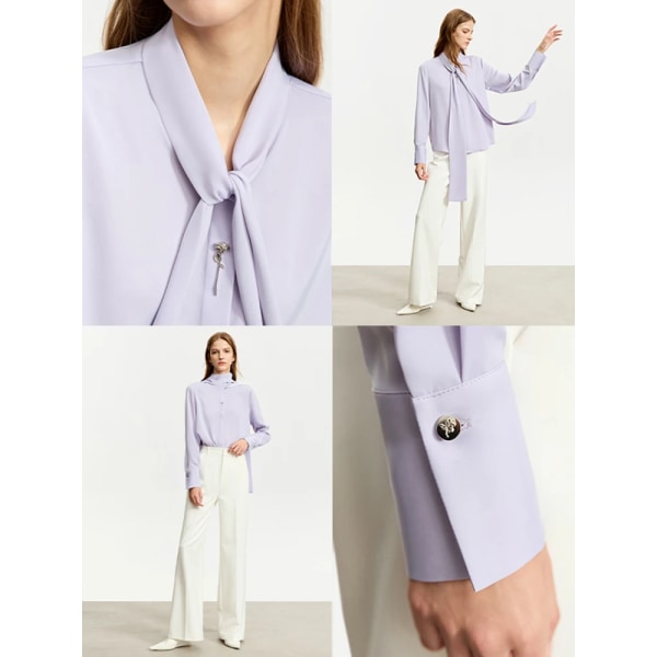 Minimalistisk fransk chiffongskjorta för kvinnor 2023 Höst Ny stativkrage Rose Spänne Lös solid helärmad blus 12323039 lilac M