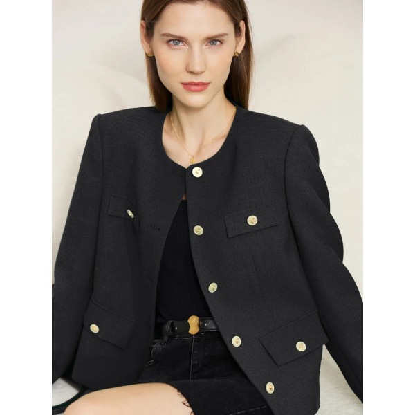 Minimalistisk kappa för kvinnor 2023 våren Elegant temperament kontor dam Mode slimmade enkelknäppta jackor med o-hals 72341032 Black S