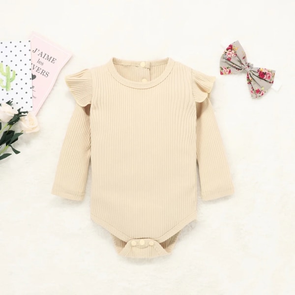 Nyankomst 2021 vår och höst Baby Girl Solid långärmad bodysuit och blommönster med print Baby Khaki 6-9 Months