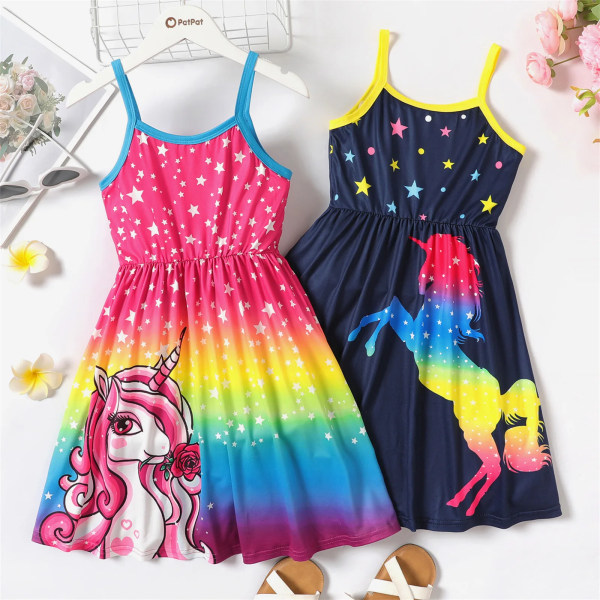 Kid Girl Unicorn Star Print Colorblock Slip Dress DarkBlue 9-10 Years