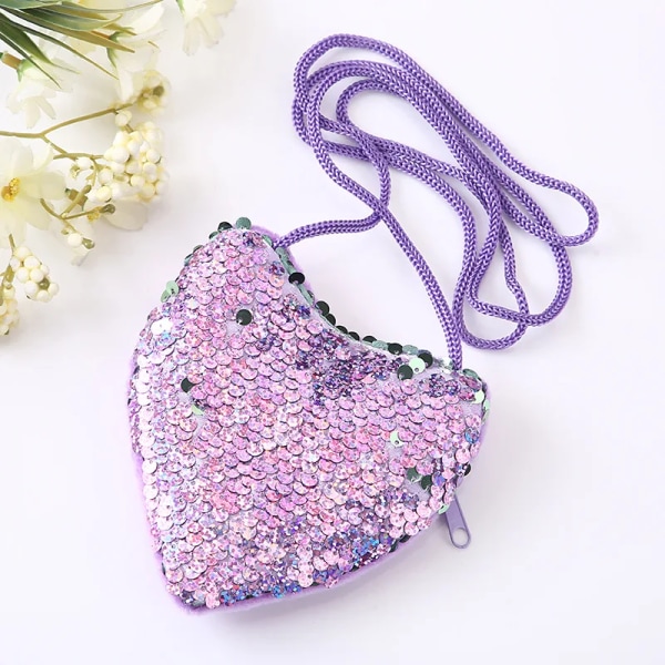 Prinsessan paljetter Hjärtformad baby Söt enfärgad barnväska för toddler Glänsande barnaxelhandväskor Purple