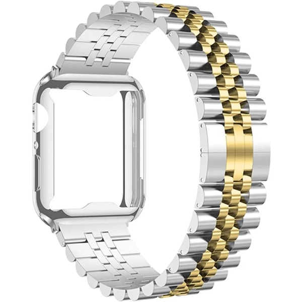 Metallrem+TPU softshell För Apple Watch 7 45mm 41mm Rostfritt stål Watch Armband För iwatch 6 5 4 SE 3 44mm 42mm 40mm 38mm Silver gold For 42mm