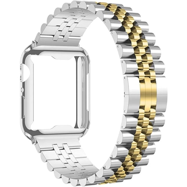 Metallrem+TPU softshell För Apple Watch 7 45mm 41mm Rostfritt stål Watch Armband För iwatch 6 5 4 SE 3 44mm 42mm 40mm 38mm Silver gold For 44mm