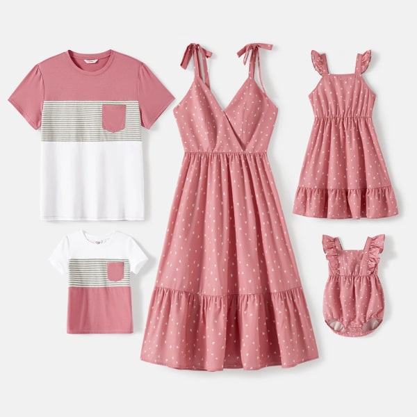 Familjematchande outfits Allover print Strappy-klänningar och kortärmade randiga Colorblock T-shirts-set Pink Women S