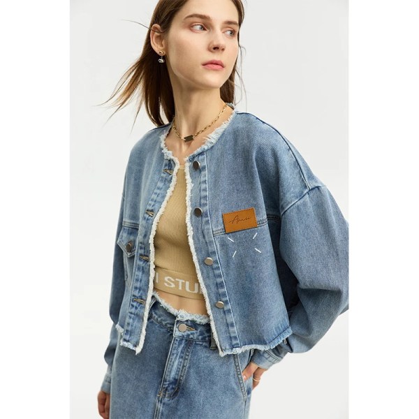 Minimalistisk Denim Nya klänningsset för kvinnor 2023 Höst Crew Neck Lös kappa Rak kjol Commuter Tvådelat set 12343096 denim blue jacket L