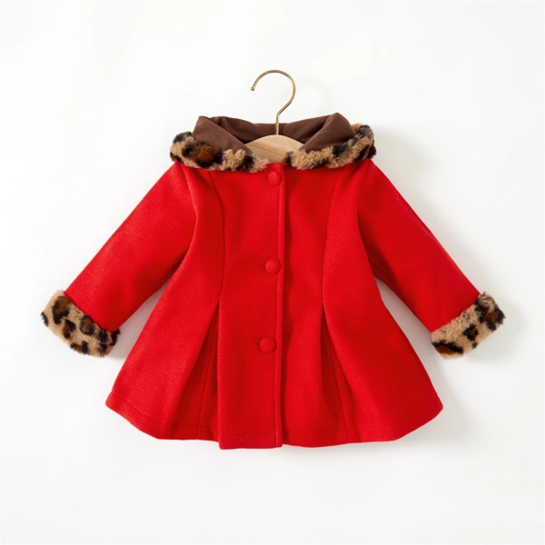 Baby Röd Långärmad Button Down Leopard Hooded Wool Blend Coat Khaki 12-18 Months