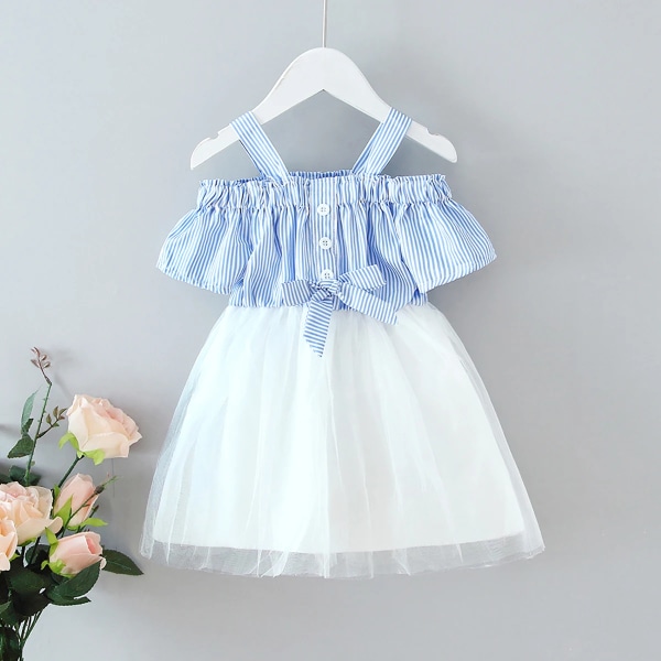Toddler Girl Elegant Stripe Panel Rosett Front Overlay Slip Dress Blue 2 Years