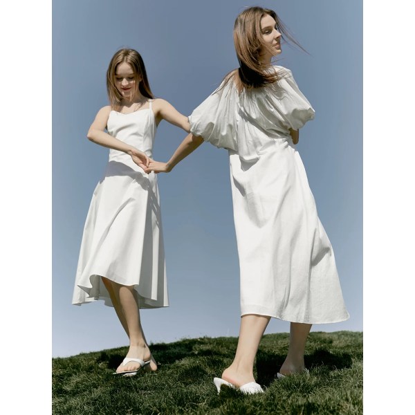 Minimalistiska långa klänningar för kvinnor 2022 Sommar Nya 100 % fransk stil Puffärm V-ringad Solid Elegant Lös Vestido 12240432 Lilac Purple L