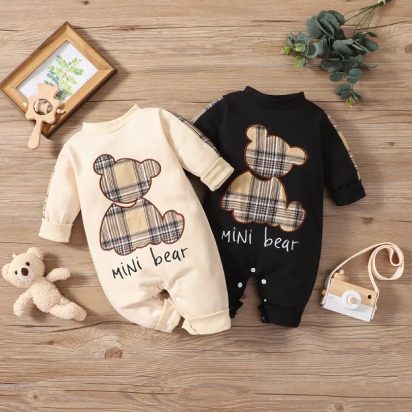 Baby Boy/Girl Bear Letter Broderad Långärmad Jumpsuit LightApricot 12-18 Months