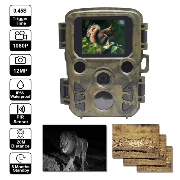 Mini Trail Camera 12MP 1080P Jaktkamera Game Photo Trap 0,45s Motion Wildlife Camera Infraröd Night Vision IP66 Vattentät