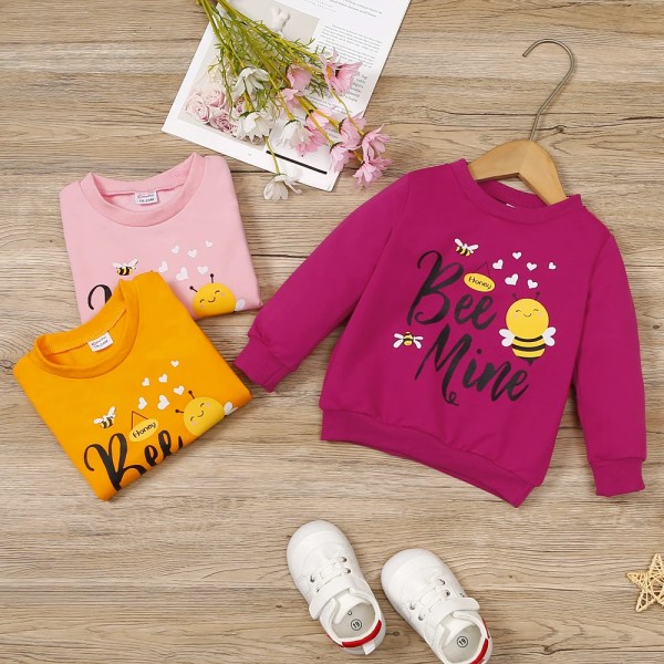 Toddler Girl Letter Bee Print Casual Pullover Sweatshirt Apricot 5-6Years