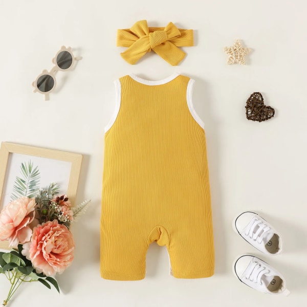 Mors dag 2st Baby Girl Print Ribbed Tank Romper & Pannband Set Yellow 9-12Months