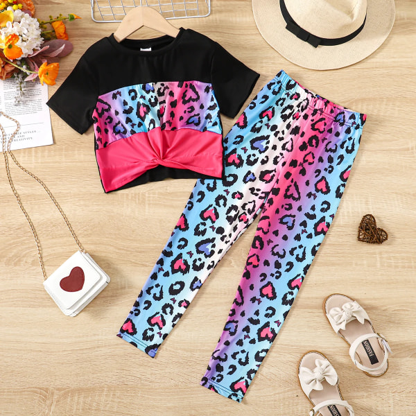 2st Kid Girl Leopard Print Twist Kortärmad T-shirt och byxor Set Black 8-9Years