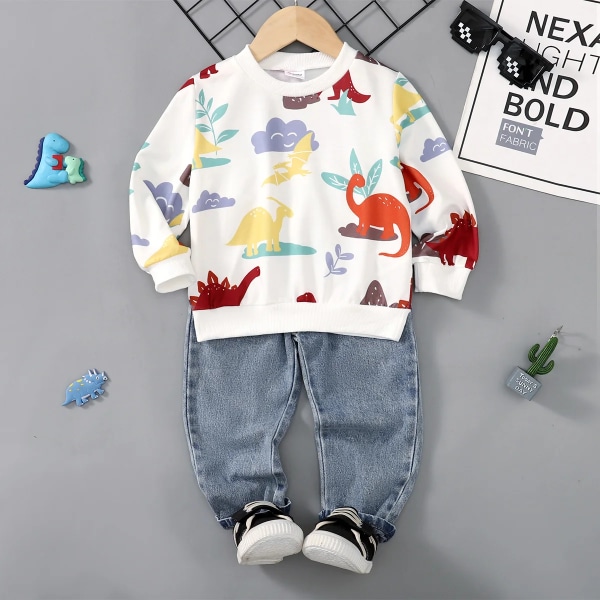 2st Toddler Boy Allover Dinosaur Print Långärmad T-shirt och 95 % bomullsfickor set White 2Years