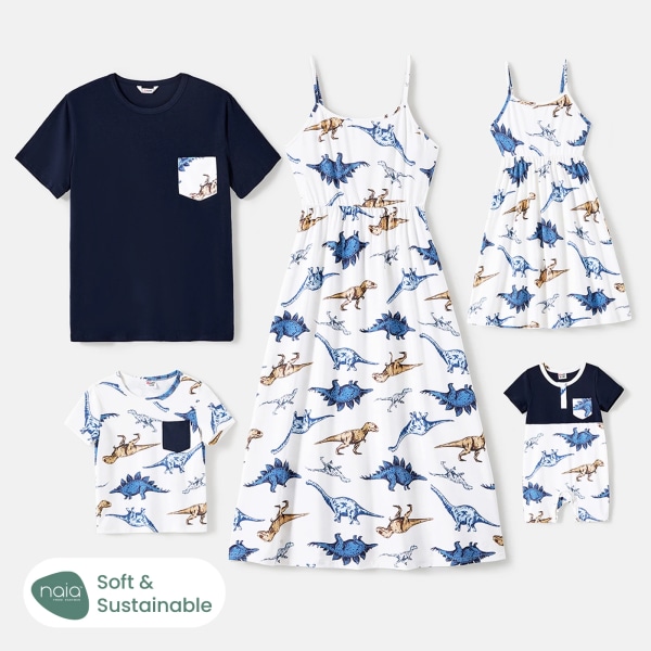 Familjematchande outfits Allover Dinosaur Print Cami-klänningar och kortärmade T-shirts ColorBlock Men XL
