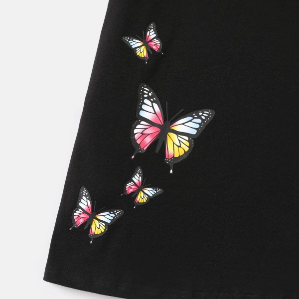 Kid Girl Butterfly Print Bomulls Kortärmad T-klänning Black 9-10 Years