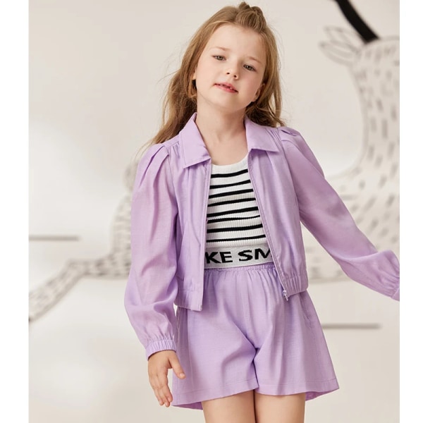 Barn Barn Tunna Solskyddande kläder för tjejer 2023 Höstnya tjejer Casual Lösa shorts 22351003/22351004 purple coat 120cm