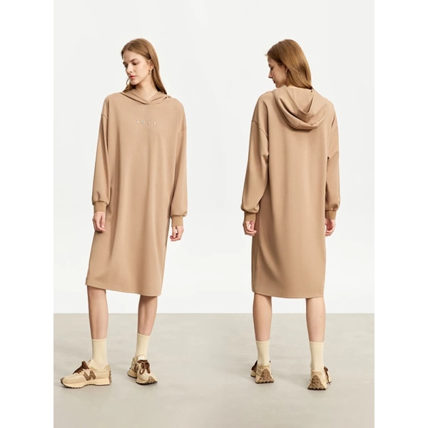 Minimalistiska Hoodies Klänningar För Kvinnor 2023 Höst Nya Lös Rak Metall Bokstav Midi Full Längd Casual Vestidos 12323159 shallow camel XL