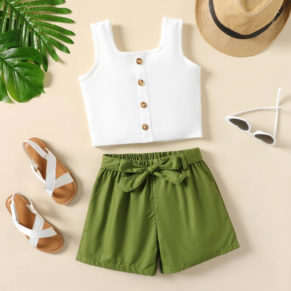 2 st Kid Girl Button Ribbed linne och bältade shorts Set Green 11-12 Years