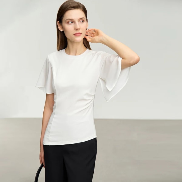 Minimalism O-hals chiffongskjortor & blusar för kvinnor 2023 Sommar Nytt Asymmetrisk kvinnlig smal fransk topp dam 12372118 white M