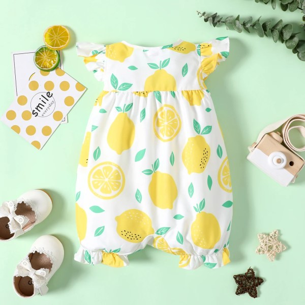 Baby Girl Allover Gul pläd/ print Snap Romper med fladdrande ärmar Yellow 12-18Months