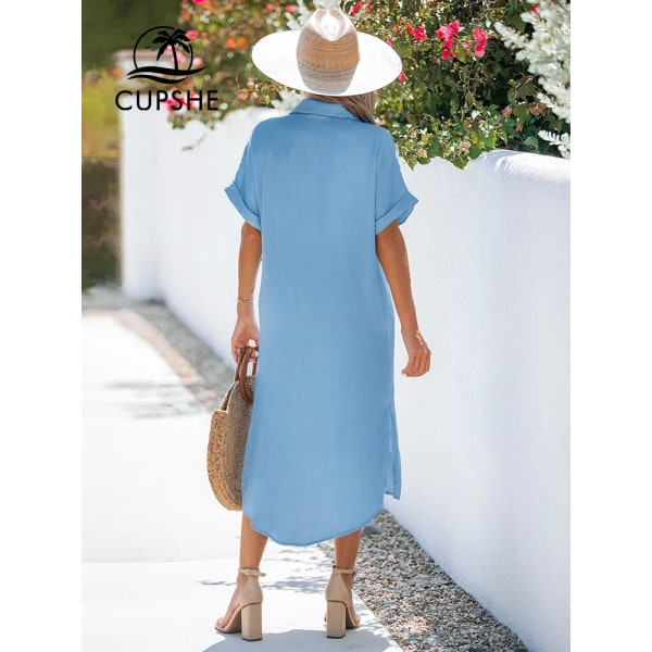 Skjorta krage Bell Sleeve Cover Up För Kvinnor Blå Sexig Lös Holiday Beach Button Dress 2023 Summer Midi Dress Beachwear CAA05A2G018GG M