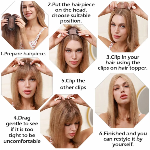 Människohår Topper För Kvinnor Naturligt hår Peruker 12x13cm Clip In Topper Blont raka hårstycken Andas Silk Base Hårperuk 4 25CM (45g)