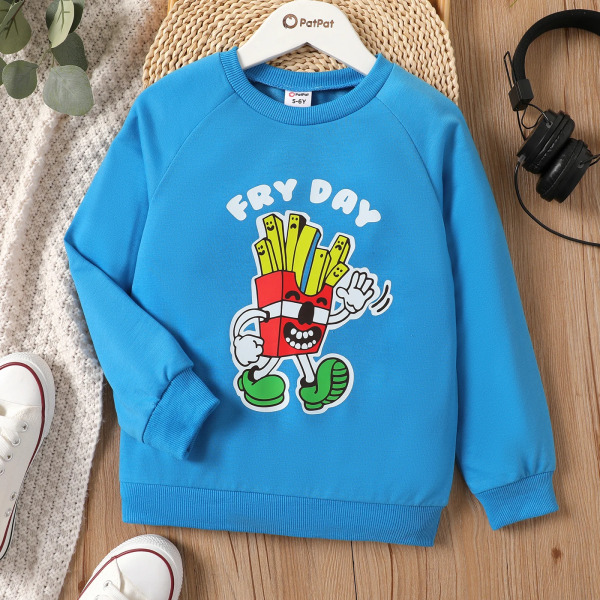 Kid Boy Pommes frites & Letter Print Pullover Blue 5-6Years