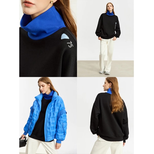 Minimalistisk Preppy Style Broderi Huvtröjor för Kvinnor 2023 Höst Ny Lazy Lös Skarvad Turtleneck Sammet Hel Topp 12333011 black S