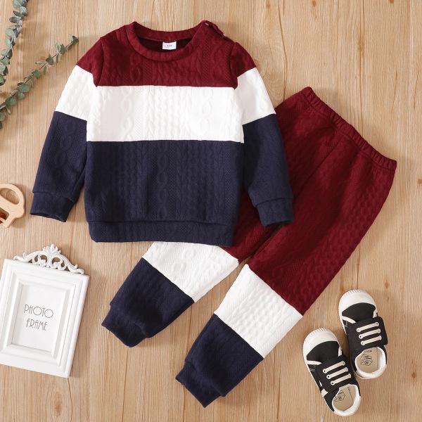 2-delad Toddler Girl/Pojke Colorblock Kabelstickad Sweatshirt och Byxa Set Red 5-6Years