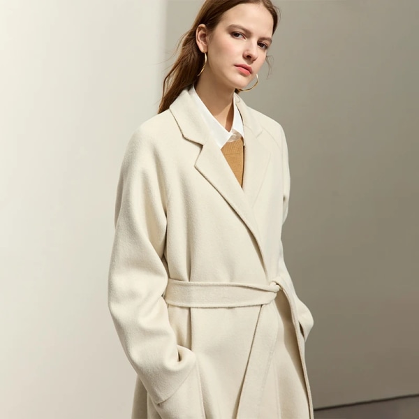Minimalistisk ny fransk ullkappa för kvinnor 2023 vinterkavajkrage med bälte Vintage kvalitet mode långa blandningar 12324006 white M