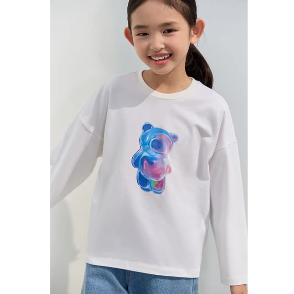 Barn 2023 Höst Nya T-shirts för flickor Långärmade Tecknad Mode Fancy Färg Print Barnkläder 22333005 white 120cm