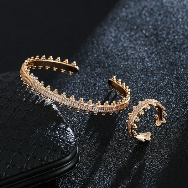 Kvinnors geometriska zirkonarmbandsring tvådelat set högkvalitativt temperament mode smycken 2 delar set Resizable-60cm Gold