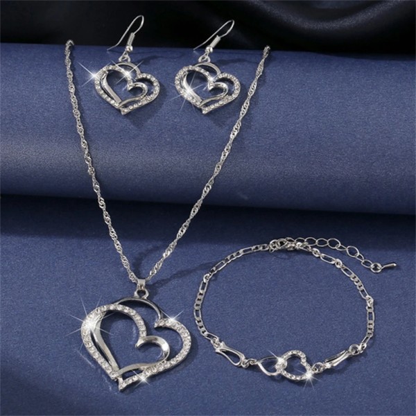 Mode dubbelt hjärta Halsband Örhängen Armband Smycken Set för kvinnor Charm Party Bröllopssmycken Accessoarer Set Presenter Estetisk Silver Set
