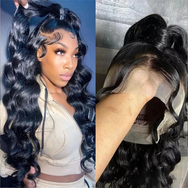 Brazilian 360 Transparent Människohår Spets Peruk Body Wave Frontal Peruk för Svarta Kvinnor Lösvatten Vågigt Spets Front Människohår Peruk 14inches 4x4 Lace Wig