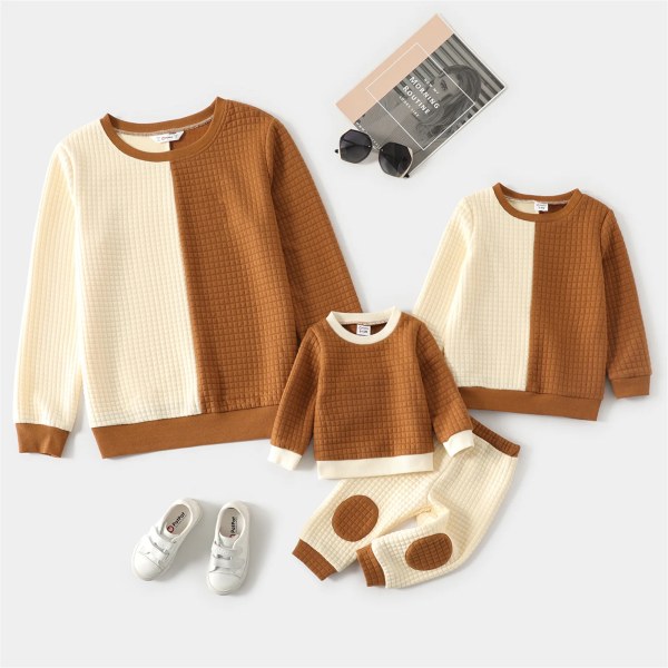 Solid våffla texturerad skarvning långärmad tröja för mamma och mig Color block Baby Girl 6-9M