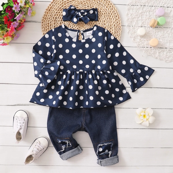 3st Baby All Over Polka Dots Navy Ruffle Bell Sleeve Top och bomull Ripped Jeans Set Navy 12-18Months