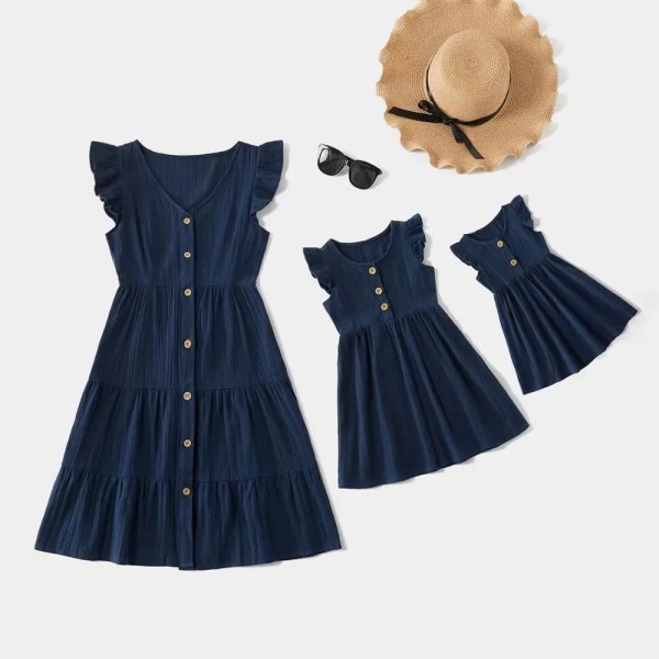 Nya sommarens främre knapp med volangärm Eleganta matchande tankklänningar för mamma och jag Matchande outfits Royal Blue Girl 3-4 Years