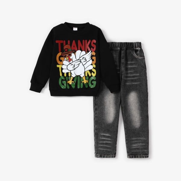 2st Kid Pojke Thanksgiving Casual Letter Top/ Denim Byxa Set Black 5-6Years