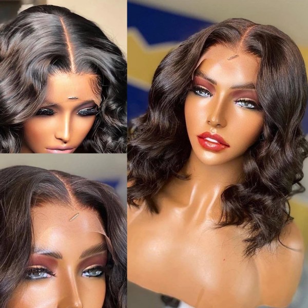 Body Wave Spets Front Människohår Peruker för kvinnor Kort Bob Peruk Brasilianskt vatten Vågigt främre människohår Peruker Förplockat hårfäste 4x4 Lace Wig 10inches