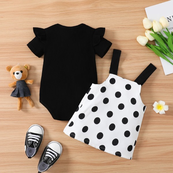 Baby 2st Baby Girl 95 % bomull volangkanter Kortärmad tröja och björn Grafiska prickiga klänningsset Black 6-9 Months