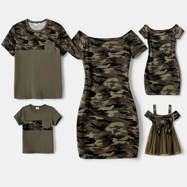 Familjematchande tunikaklänningar med kamouflage och T-shirts med patchficka Armygreen Men L
