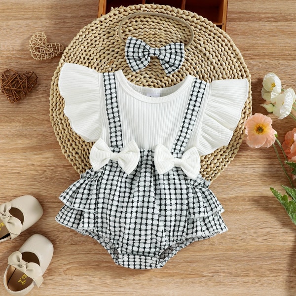 2st Baby Girl 95 % bomull Ribbstickad volang-ärm Bowknot Splicing Pläd Layered Romper med Pannband Set White 6-9Months